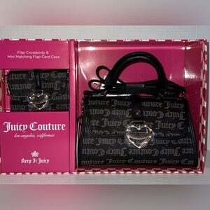 Juicy Couture Bag Black Taupe Flap Heart Charm Crossbody Bag Matching Case Set